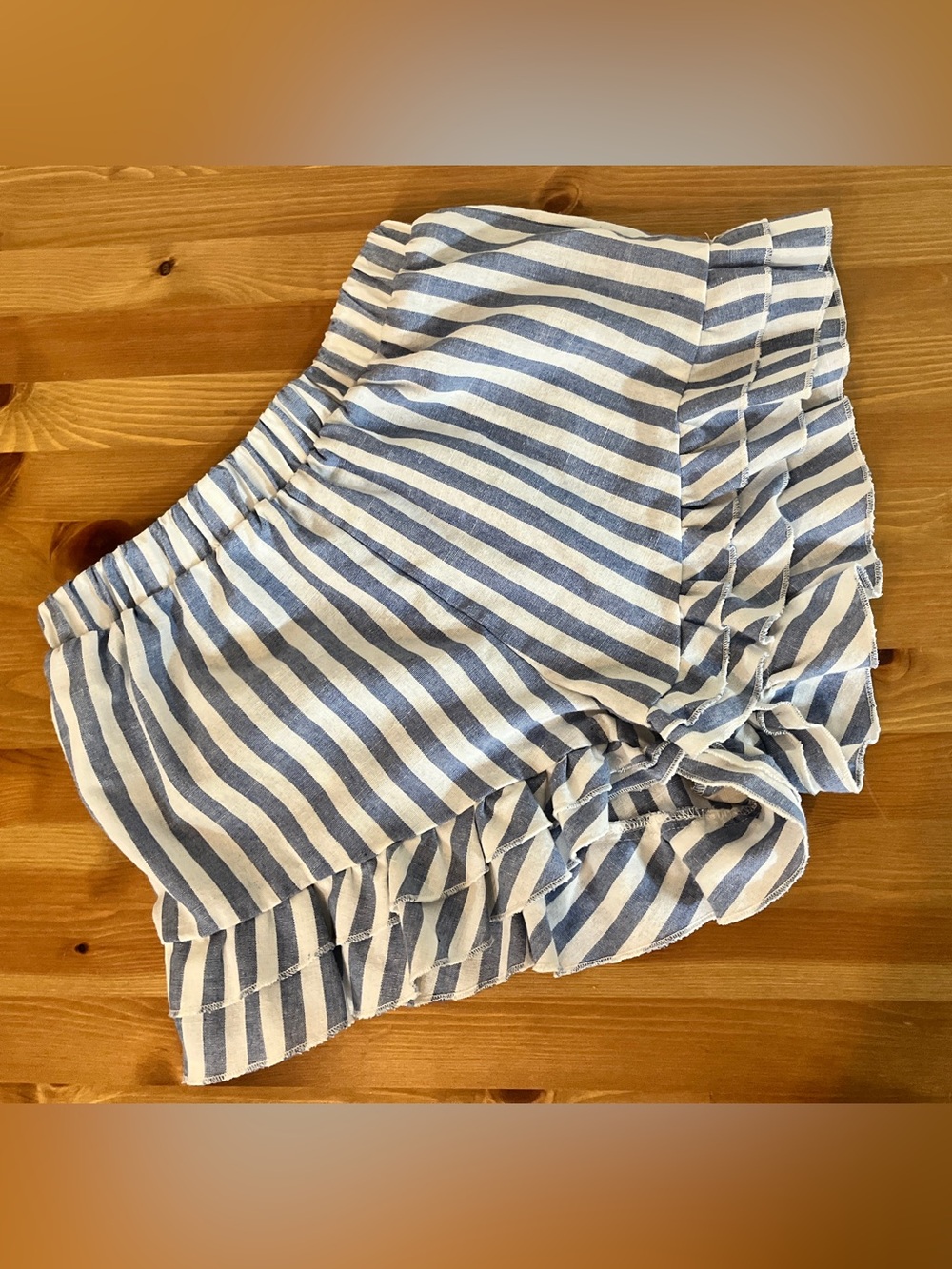 Blue and White Striped Ruffle Shorts medium